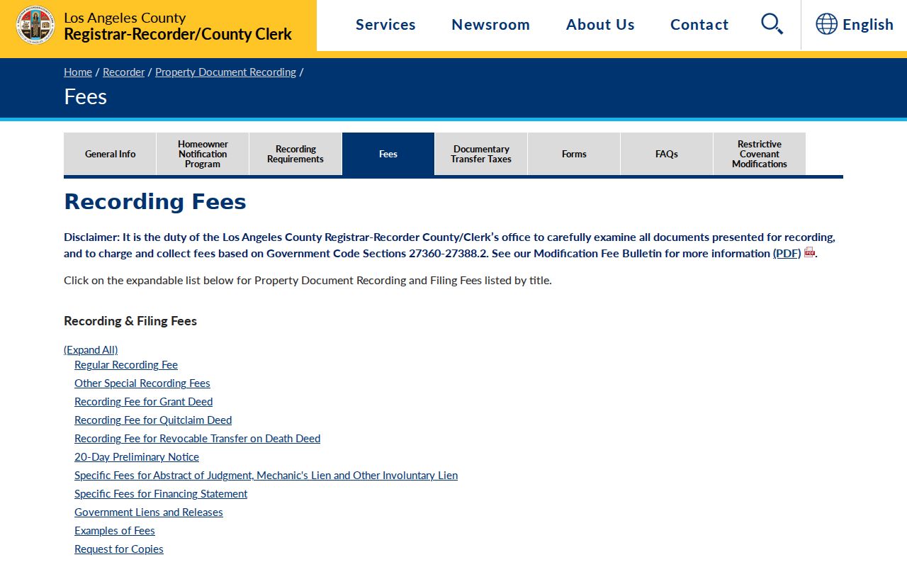 Calabasas previous residents recorder office fees and access