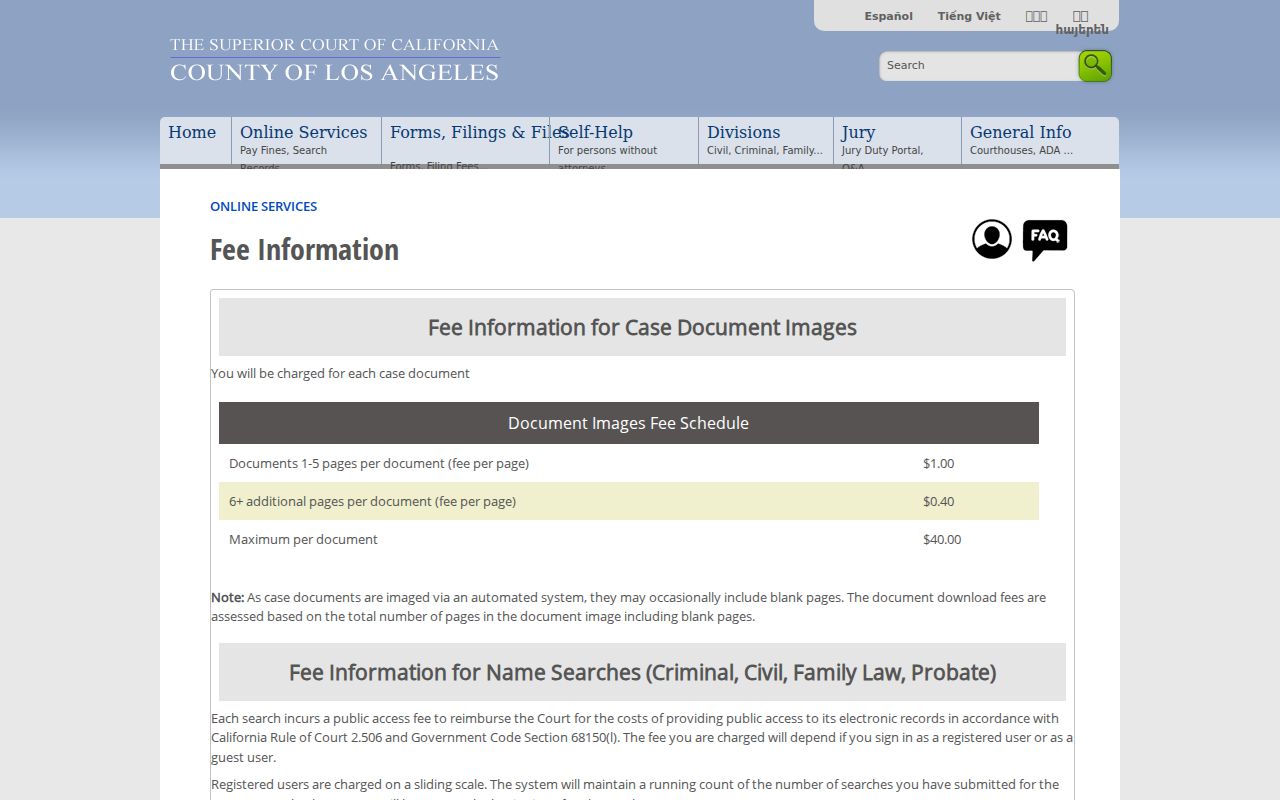Calabasas resident lookup court search fee information